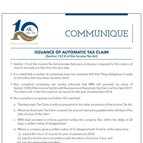 Document preview: Navigating the Automatic Tax Claim Process in Mauritius — Taxes (IssuanceofAutomaticTaxClaim)