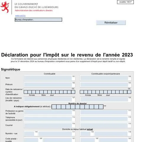 Aperçu du document Déclaration 100 F : Impôt sur le Revenu au Luxembourg — Impôts & fiscalité (CERFA n°100 F)