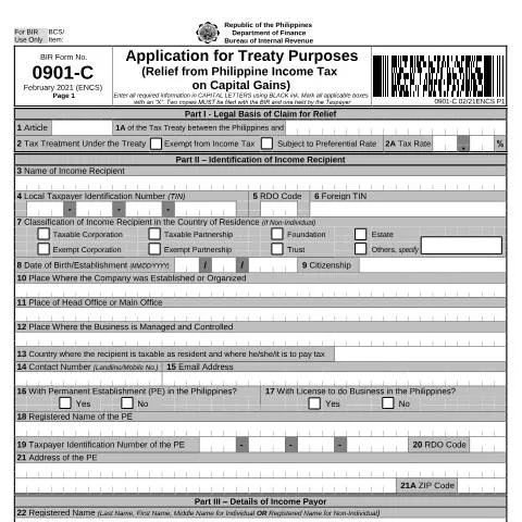 Document preview: Understanding BIR Form No. 0901-C for Tax Relief — Taxes (CERFA n°0901-C)
