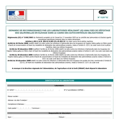 Aperçu du document Reconnaissance des laboratoires de dépistage salmonelles en élevage — Démarches administratives (CERFA n°15297*02)