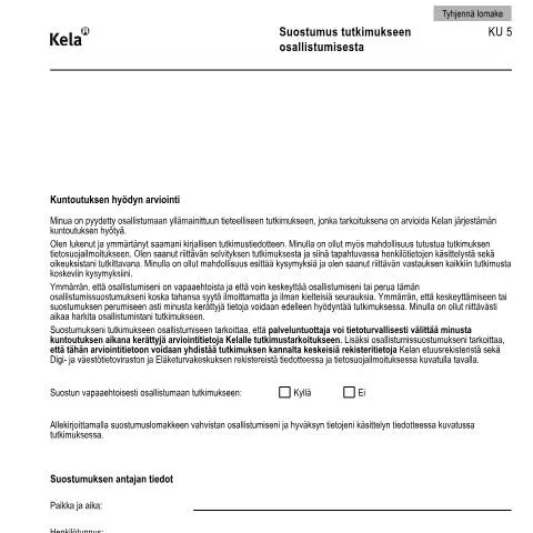 Document preview: Tutkimukseen osallistumisen suostumus ja sen merkitys — Terveys (CERFA n°Kela KU 5)