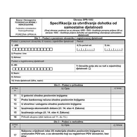 Document preview: Kako ispuniti SPECIFIKACIJU SPR-1053 za dohodak od samostalne — Porezi i fiskalnost (CERFA n°SPR-1053)