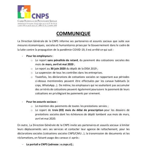 Aperçu du document Guide des mesures COVID-19 par la CNPS en Côte d'Ivoire — Démarches administratives