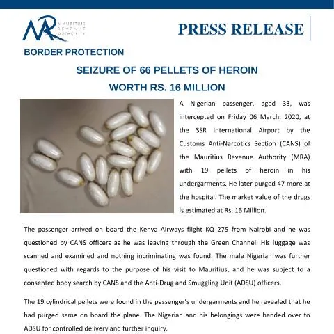 Document preview: Major Drug Seizure at SSR International Airport — Government & admin (PressRelease160320)