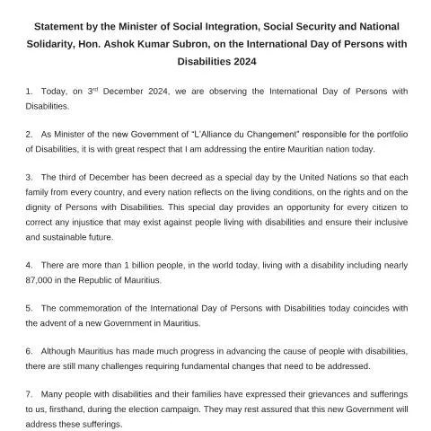 Document preview: Understanding the Minister's Commitment to Disability Rights — Government & admin (Statement-by-Honorable-Minister-of-Social-Integration-english-version-final-03.12.2024)