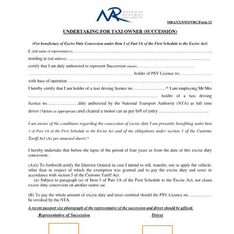 Document preview: Understanding the Taxi Owner Succession Undertaking in Mauritius — Legal & justice (CERFA n°Undertaking4TaxiOwnerSuccession)