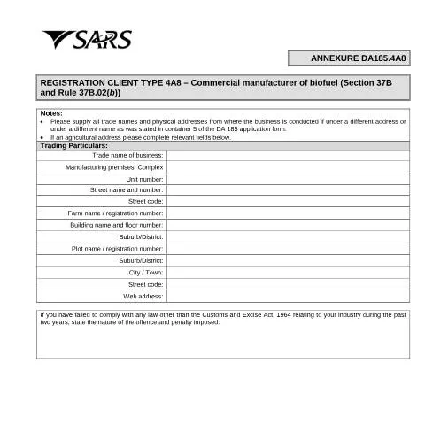 Document preview: Understanding the DA 185 4A8 Form for Biodiesel Manufacturing — Government & admin (CERFA n°DA 185 4A8)