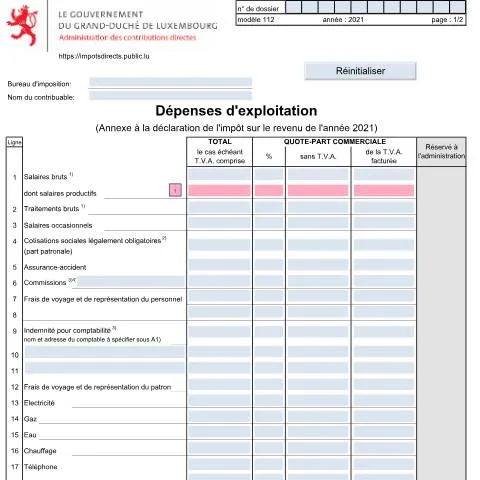 Aperçu du document Comprendre le Formulaire 112 pour vos Dépenses d'Exploitation — Impôts & fiscalité (CERFA n°112)