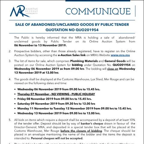 Document preview: Explore the Tender Process for Unclaimed Goods Sale — Government & admin (CERFA n°Communique54of2019)