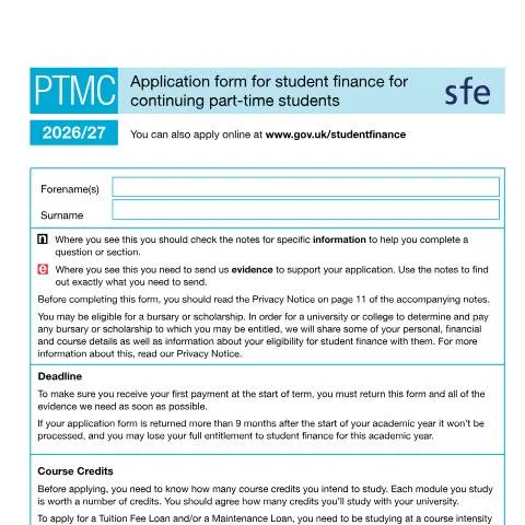 Document preview: Renewing Part-Time Student Finance: PTMC Application Process — Education & training