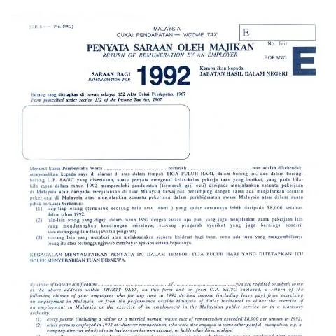 Document preview: Borang E 1992: Panduan untuk Majikan di Malaysia — Cukai & percukaian