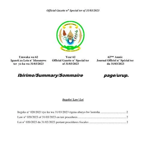 Document preview: Overview of Rwanda's 2023 Tax Procedures Law — Taxes (CERFA n°OG_n___Special_ter_of_31.03.2023_Uburyo_bw_isoresha_Tax_procedures_01)