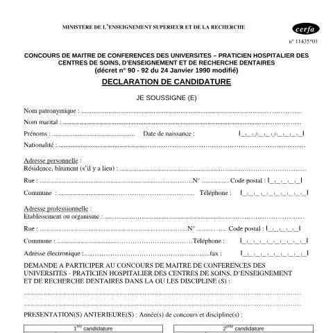 Aperçu du document Concours MCU-PH dentaire : procédure de candidature officielle — Emploi & travail (CERFA n°11435*01)