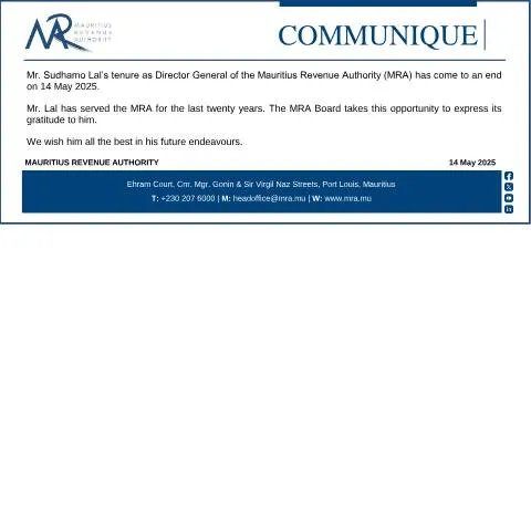 Document preview: Mauritius Revenue Authority Announces Leadership Change — Government & admin (CERFA n°Communique140525)
