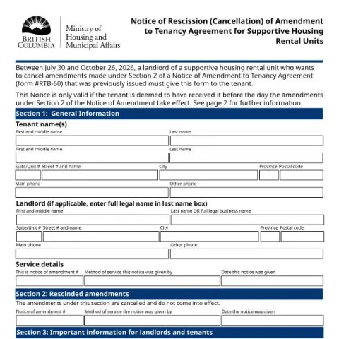 Document preview: Official Notice of Rescission for Supportive Housing Tenancy — Housing (RTB-61)