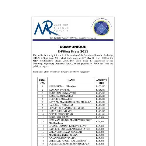 Document preview: Winners of the E-Filing Draw 2011 Announced — Government & admin (CERFA n°EfilingWinners2011)