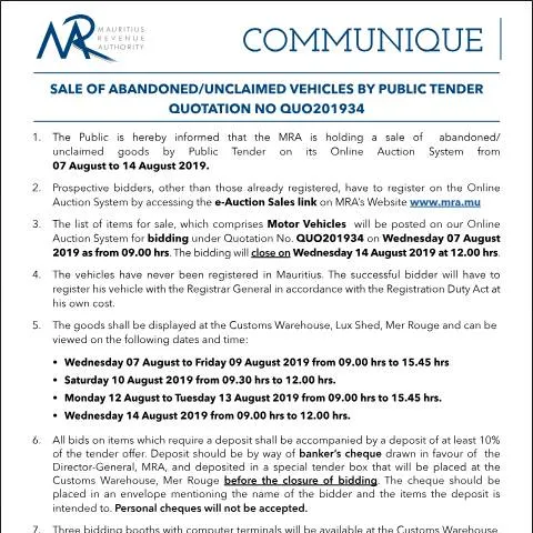 Document preview: Understanding the Sale of Abandoned Goods in Mauritius — Government & admin (Communique34of2019)