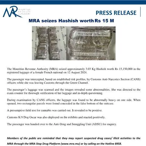 Document preview: MRA's Significant Hashish Seizure Highlights Drug Trafficking — Government & admin (PressRelease120824)