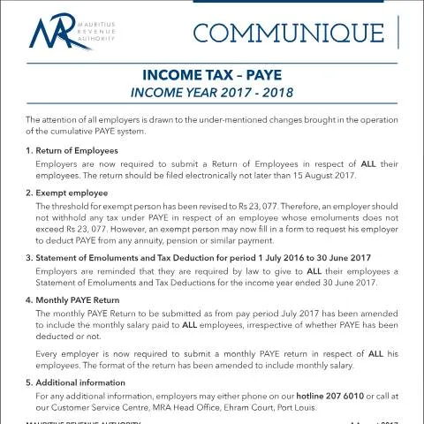 Document preview: Important Updates to Income Tax PAYE System for 2017-2018 — Taxes (CommuniquePAYETax)