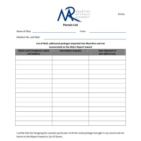 Document preview: Understanding the Role of the Parcel List in Shipping — Government & admin (AnnexForm11ParcelsList)