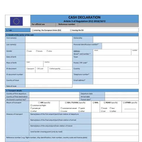 Document preview: Essential Guide to Cash Declaration for Non-EU Visitors — Taxes (CERFA n°cash-declaration-form-non-eu)