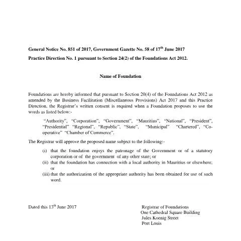 Document preview: Official Notice on Foundation Naming Regulations in Mauritius — Government & admin (GENERAL-NOTICE-NO.-851-OF-2017-GOVERNMENT-GAZETTE-NO.-58-OF-17TH-JUNE-2017)