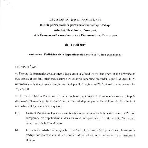 Aperçu du document Adhésion de la Côte d'Ivoire à l'accord économique avec la Croatie — Démarches administratives