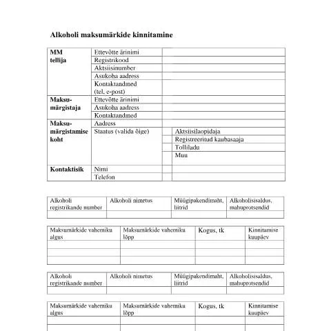 Document preview: Alkoholi maksumärkide kinnitamise vormi tähtsus ja kasutamine — Maksud ja maksustamine (CERFA n°MAKSUMARKIDE KINNITAMISE VORM)