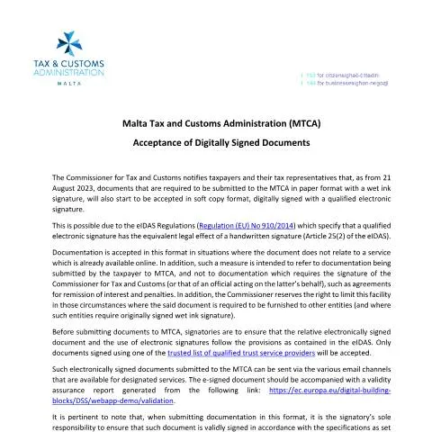 Document preview: Navigating Malta's Digital Signature Acceptance in Taxation — Taxes (CERFA n°acceptance-of-digitally-signed-documents)
