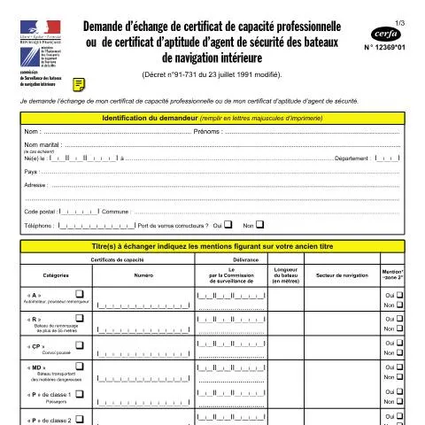 Aperçu du document Demande d'échange de certificat navigation fluviale européenne — Emploi & travail (CERFA n°12369*01)