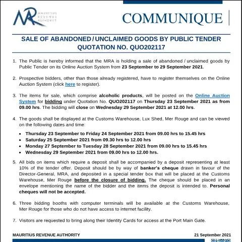 Document preview: Understanding the Public Tender for Abandoned Goods — Government & admin (CommuniqueQUO202117)