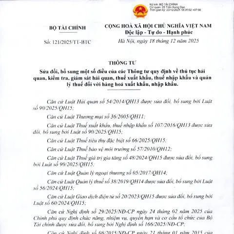 Document preview: Thông tư số 121/2025/TT-BTC: Đổi mới quy định hải quan tại Việt Nam — Thủ tục hành chính (CERFA n°121/2025/TT-BTC)