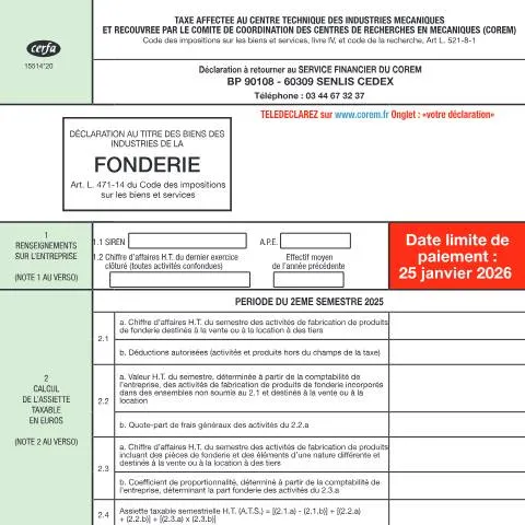 Aperçu du document Contribution obligatoire CTIF : guide complet pour les fonderies — Impôts & fiscalité (CERFA n°15514*20)