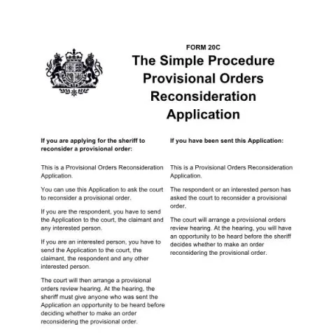 Document preview: Understanding Form 20C for Provisional Orders Reconsideration — Legal & justice (Form 20C)
