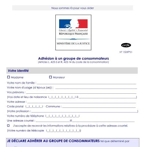 Aperçu du document Comment adhérer à un groupe de consommateurs pour une action — Consommation (CERFA n°15249*01)