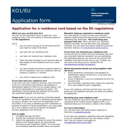 Document preview: Komplet guide til ansøgning om opholdskort i Danmark under EU-regler — Immigration & visa (CERFA n°KO1/EU)