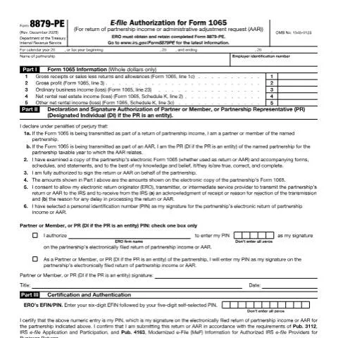 Document preview: Understanding IRS Form 8879-PE for Partnerships — Taxes (CERFA n°8879PE)