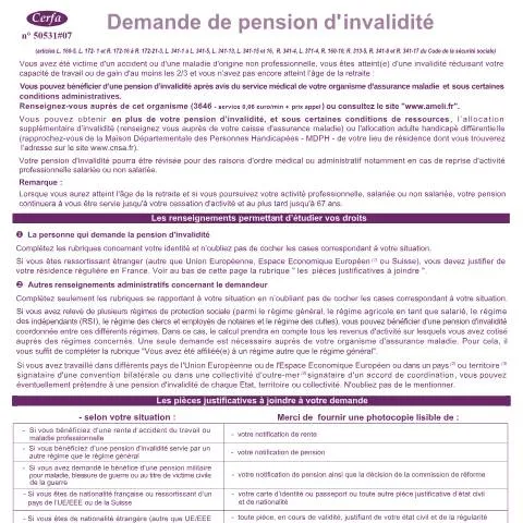 Aperçu du document Pension d'invalidité : démarches et conditions d'attribution — Aides & prestations sociales (CERFA n°11174*05)