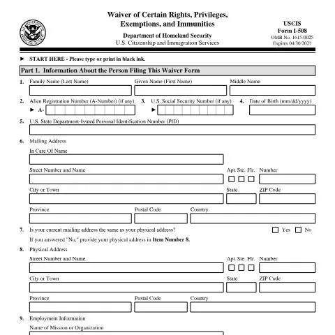 Document preview: Understanding USCIS Form I-508 for Immigration Waivers — Immigration & visas (CERFA n°I-508)