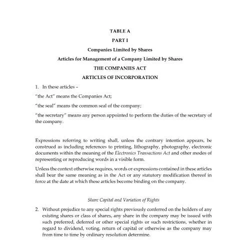 Document preview: Understanding Table A and Its Amendments for Jamaican Companies — Government & admin (CERFA n°Table_A_with_2017_and_2021_Amendments_(updated))