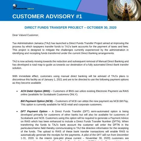 Document preview: Jamaica's Direct Funds Transfer Project Advisory — Government & admin (CERFA n°customer_advisory_Direct_funds_transfer_project_final_october_012021)