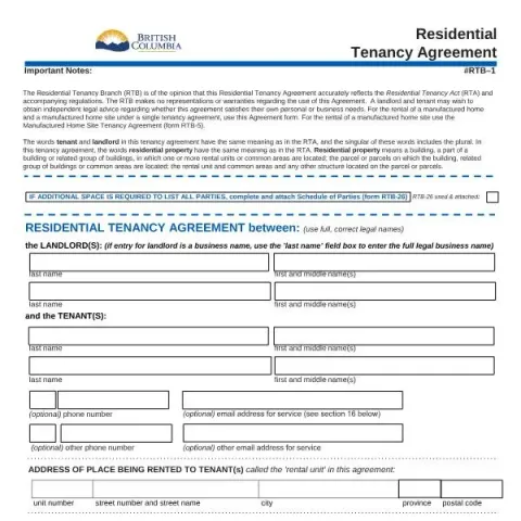 Document preview: Guide to the Residential Tenancy Agreement (RTB-1) in Canada — Housing (RTB-1)