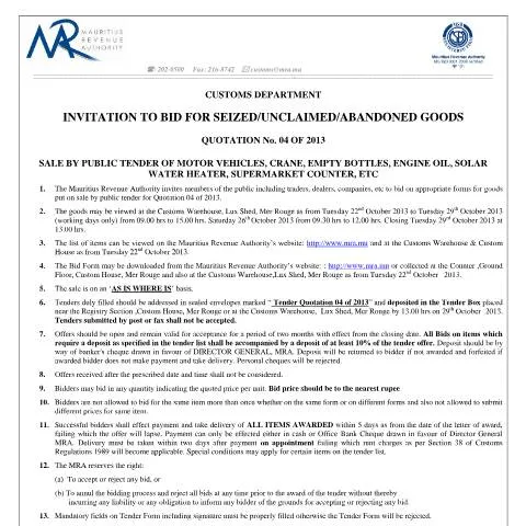 Document preview: Understanding Quotation No. 4 of 2013 for Bidders — Government & admin (Invitationtobid-Q04of2013)