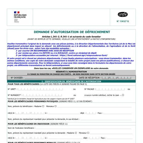 Aperçu du document Autorisation de défrichement : procédure et formulaire officiel — Environnement & énergie (CERFA n°13632*11)