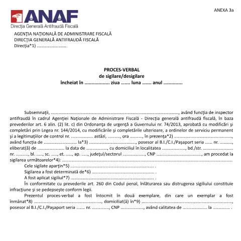 Document preview: Rolul Procesului-Verbal de Sigilare/Desigilare în legislația — Formalități administrative (CERFA n°A3a_OPANAF_3838_2015)