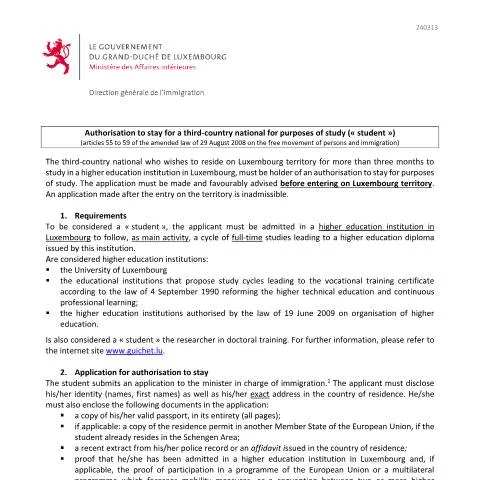 Aperçu du document Comprendre l'Autorisation de Séjour pour Études au Luxembourg — Études & formation (CERFA n°note-explicative-etudiant)