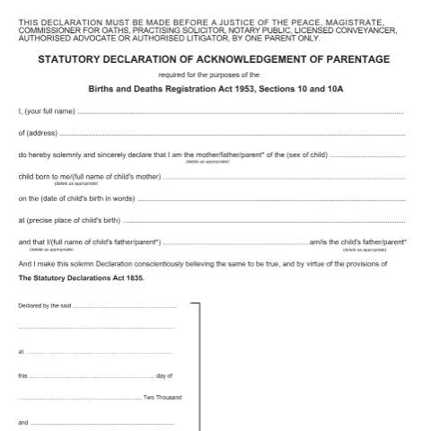 Document preview: Statutory Declaration of Acknowledgement of Parentage Form 16 — Legal & justice