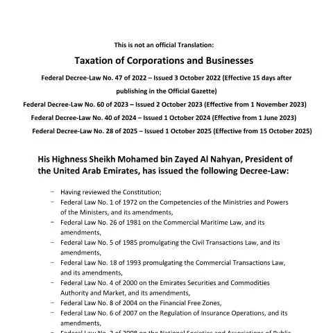 Document preview: UAE Federal Decree-Law No 47 of 2022: Corporate Tax Framework — Taxes (CERFA n°Federal Decree-Law No (47) of 2022)