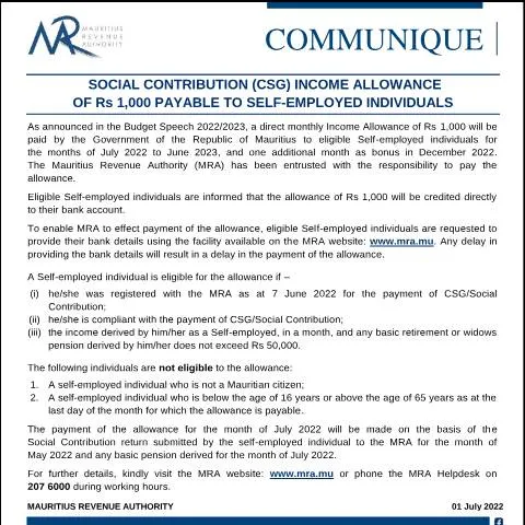 Document preview: Mauritius Self-Employed Income Support Program Overview — Government & admin (CommuniqueCSGSelfEmployed010722)