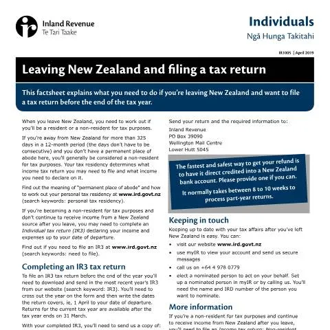 Document preview: Essential Guide to Form IR1005 for Departing New Zealand — Taxes (CERFA n°IR1005)
